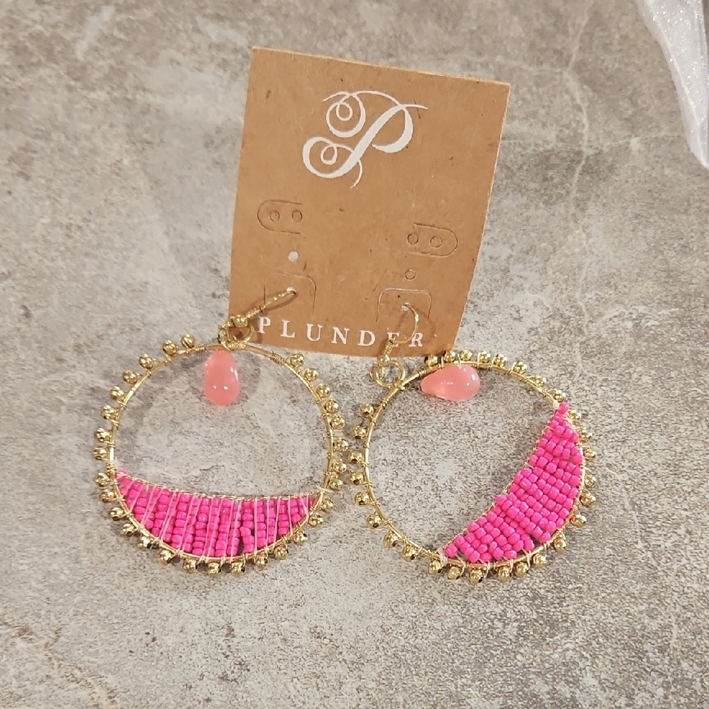 Plunder Pink and Gold Beaded Hoop Earrings
